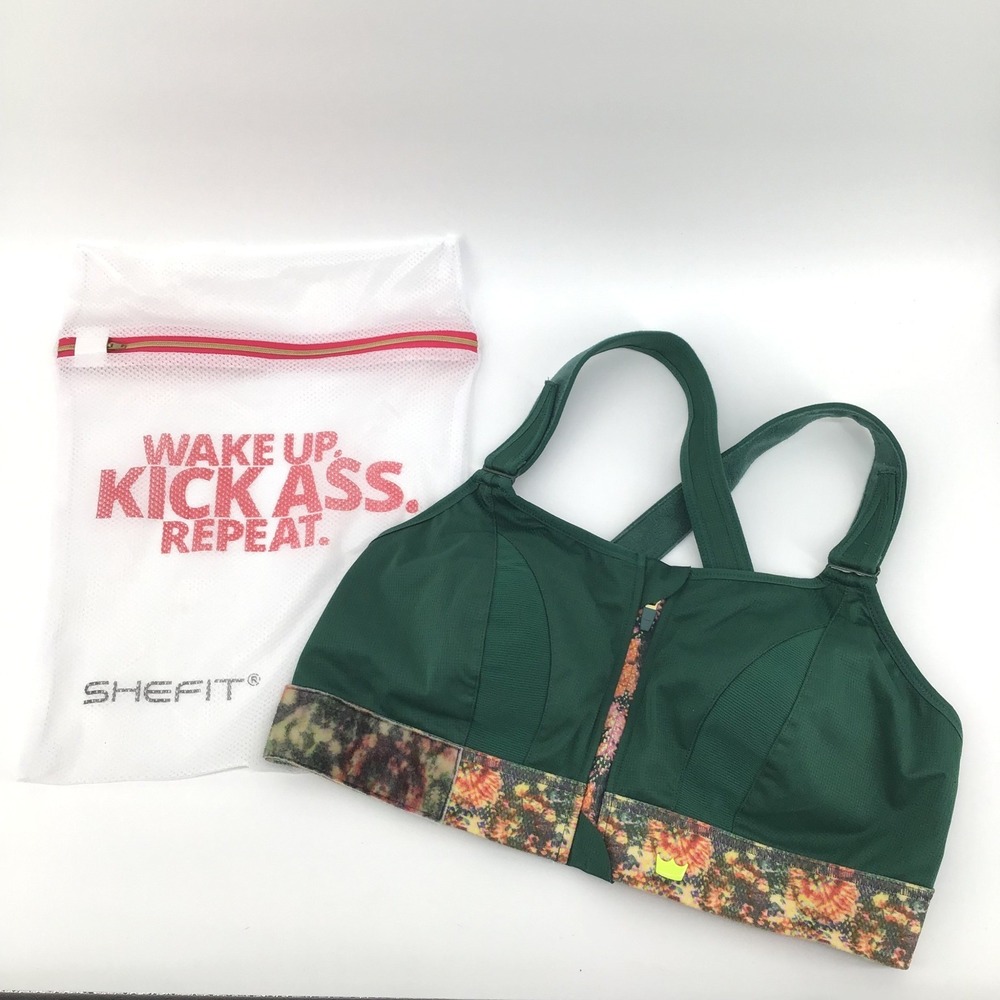 New SHEFIT Ultimate Sports Bra 2Luxe Green Zip Front High Impact Adjustable Bag
